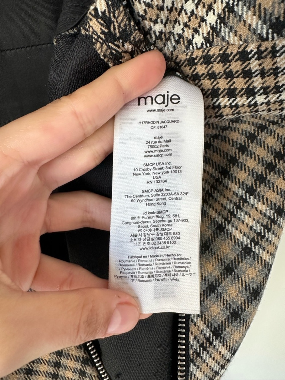 Maje Plaid Zip-Front Mini Dress with Black Lace Yoke - Picture 7 of 8